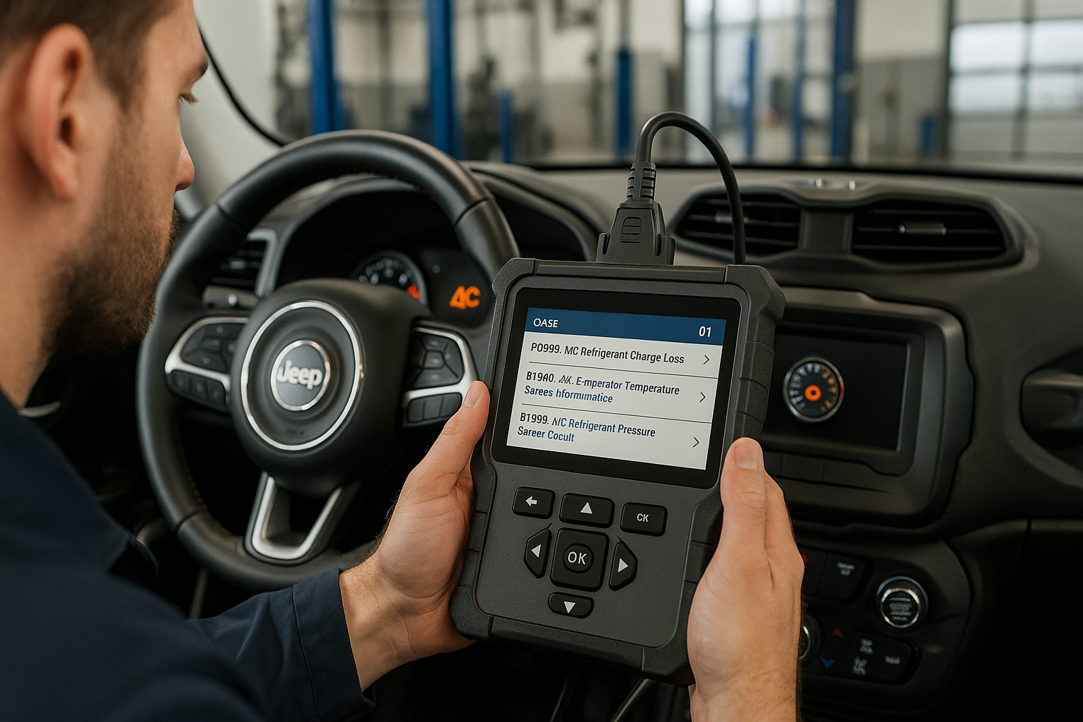 Mecânico utilizando scanner automotivo para diagnosticar Jeep Renegade