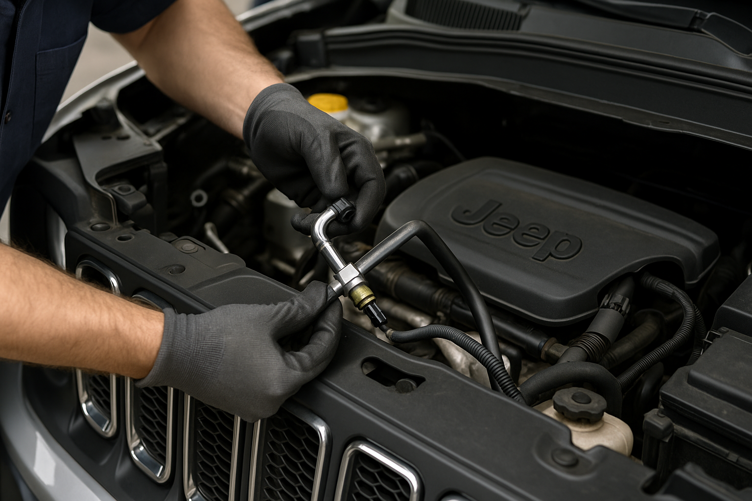 Mecânico substituindo sensor de temperatura do ar condicionado automotivo