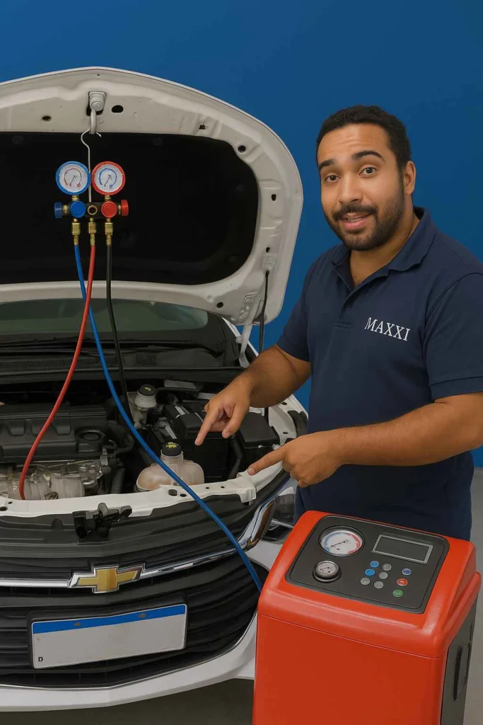 Profissional realizando limpeza e manutenção de ar-condicionado automotivo no Chevrolet Onix